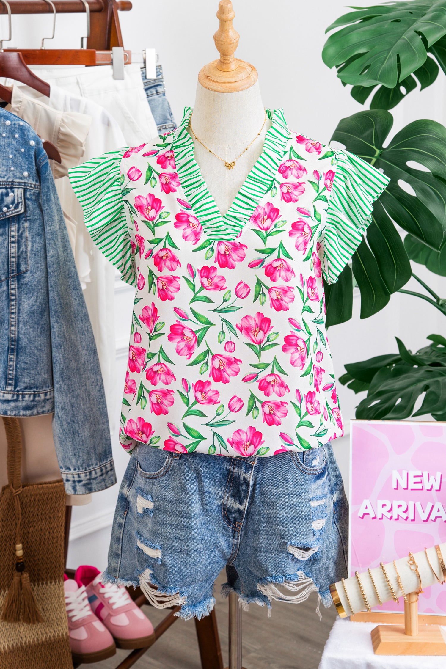 Multicolour Sweet Floral Print Striped Ruffle Trim V Neck Blouse-Tops/Blouses & Shirts-[Adult]-[Female]-2022 Online Blue Zone Planet