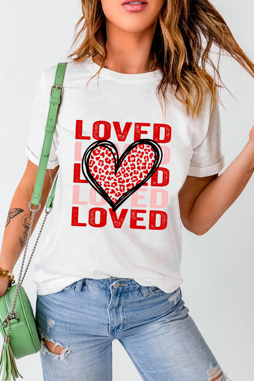 White Leopard Heart LOVE Printed Valentines Tee-Graphic Tees-[Adult]-[Female]-2022 Online Blue Zone Planet