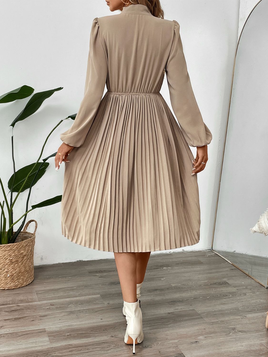 Perfee Pleated Tie Neck Long Sleeve Dress-TOPS / DRESSES-[Adult]-[Female]-2022 Online Blue Zone Planet