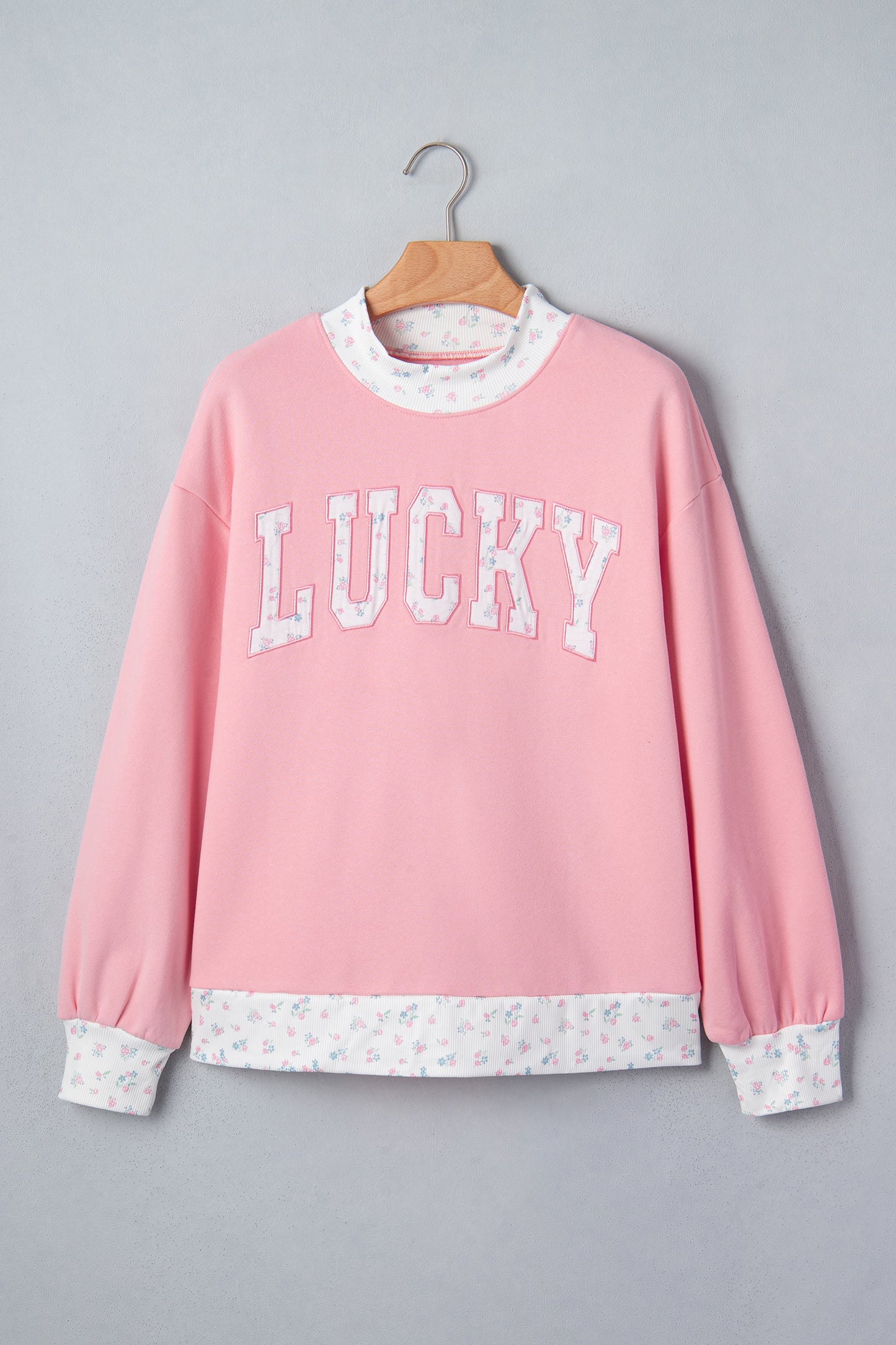 Pink High Neck Floral Patch Embroidery Long Sleeve Sweatshirt-Tops/Sweatshirts & Hoodies-[Adult]-[Female]-2022 Online Blue Zone Planet