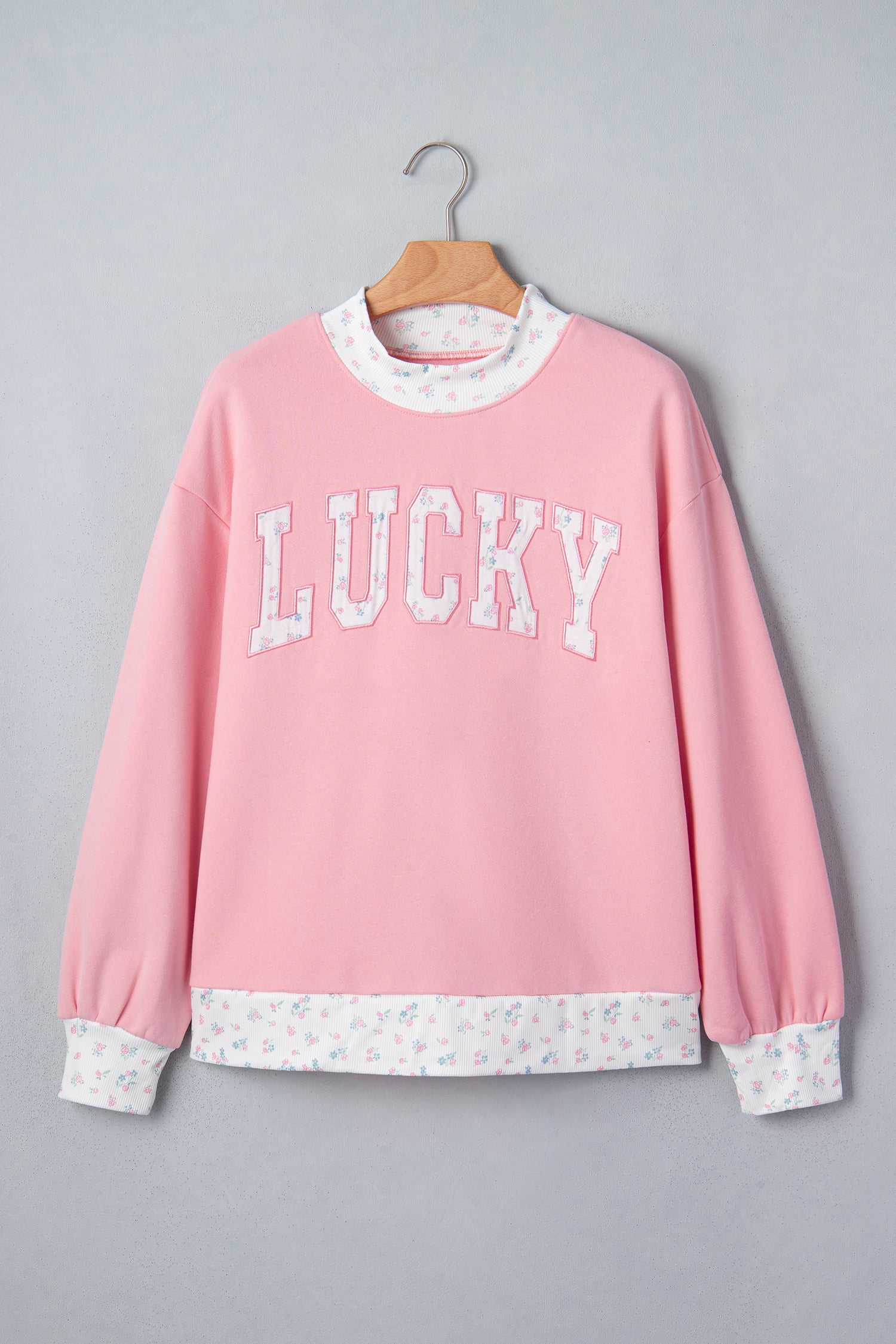 Pink High Neck Floral Patch Embroidery Long Sleeve Sweatshirt-Tops/Sweatshirts & Hoodies-[Adult]-[Female]-2022 Online Blue Zone Planet