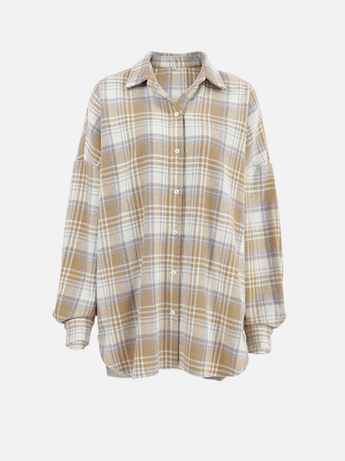 Plaid Collared Neck Dropped Shoulder Shirt-TOPS / DRESSES-[Adult]-[Female]-2022 Online Blue Zone Planet