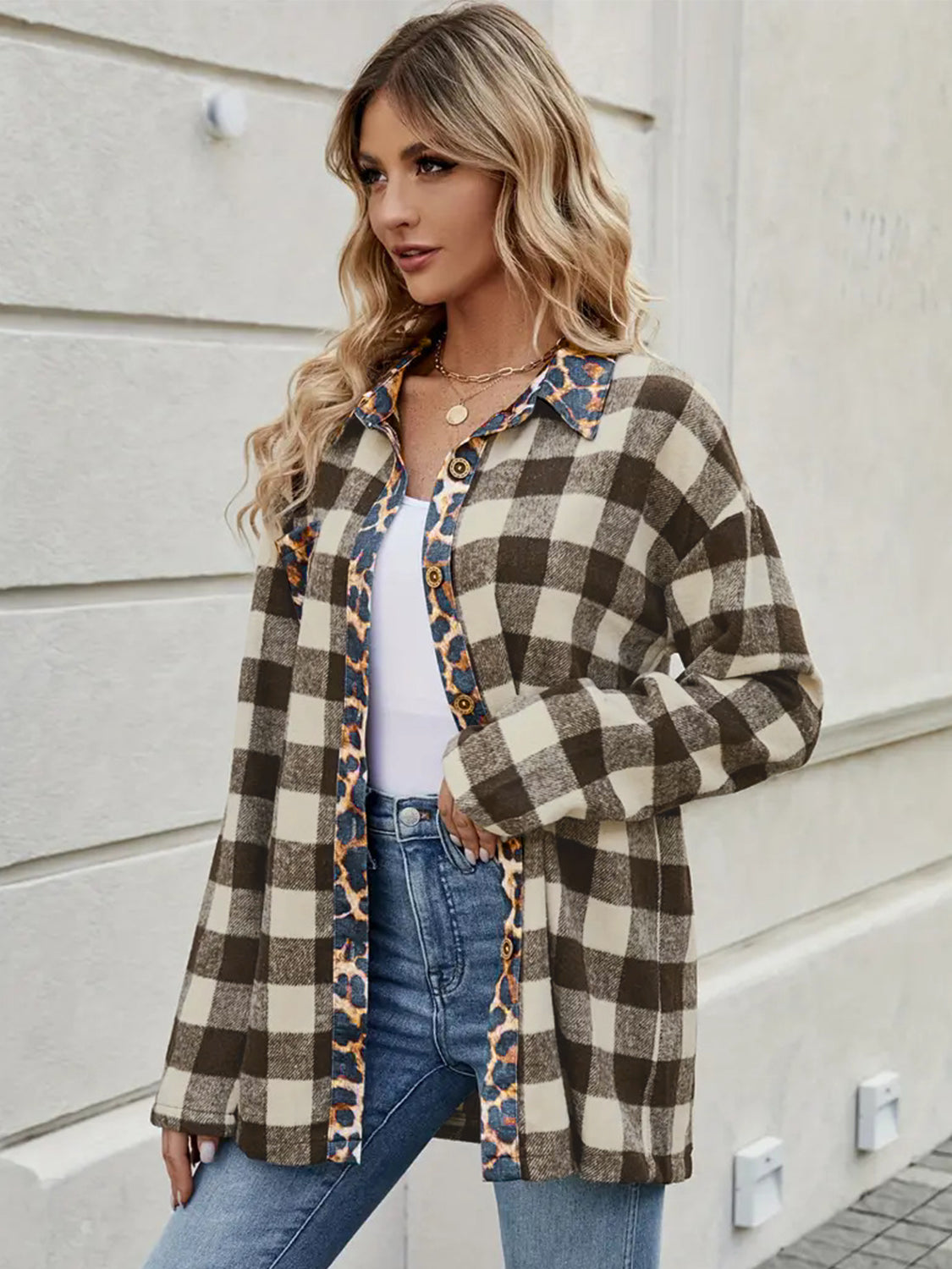 Leopard Trim Plaid Collared Neck Long Sleeve Shirt-TOPS / DRESSES-[Adult]-[Female]-2022 Online Blue Zone Planet