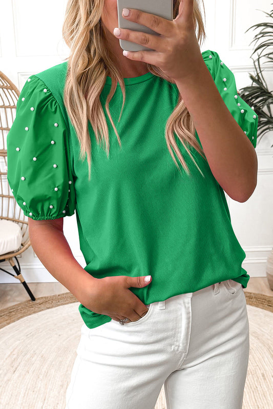 Bright Green Ribbed Pearl Beaded Puff Sleeve Top-Tops/Blouses & Shirts-[Adult]-[Female]-Bright Green-S-2022 Online Blue Zone Planet