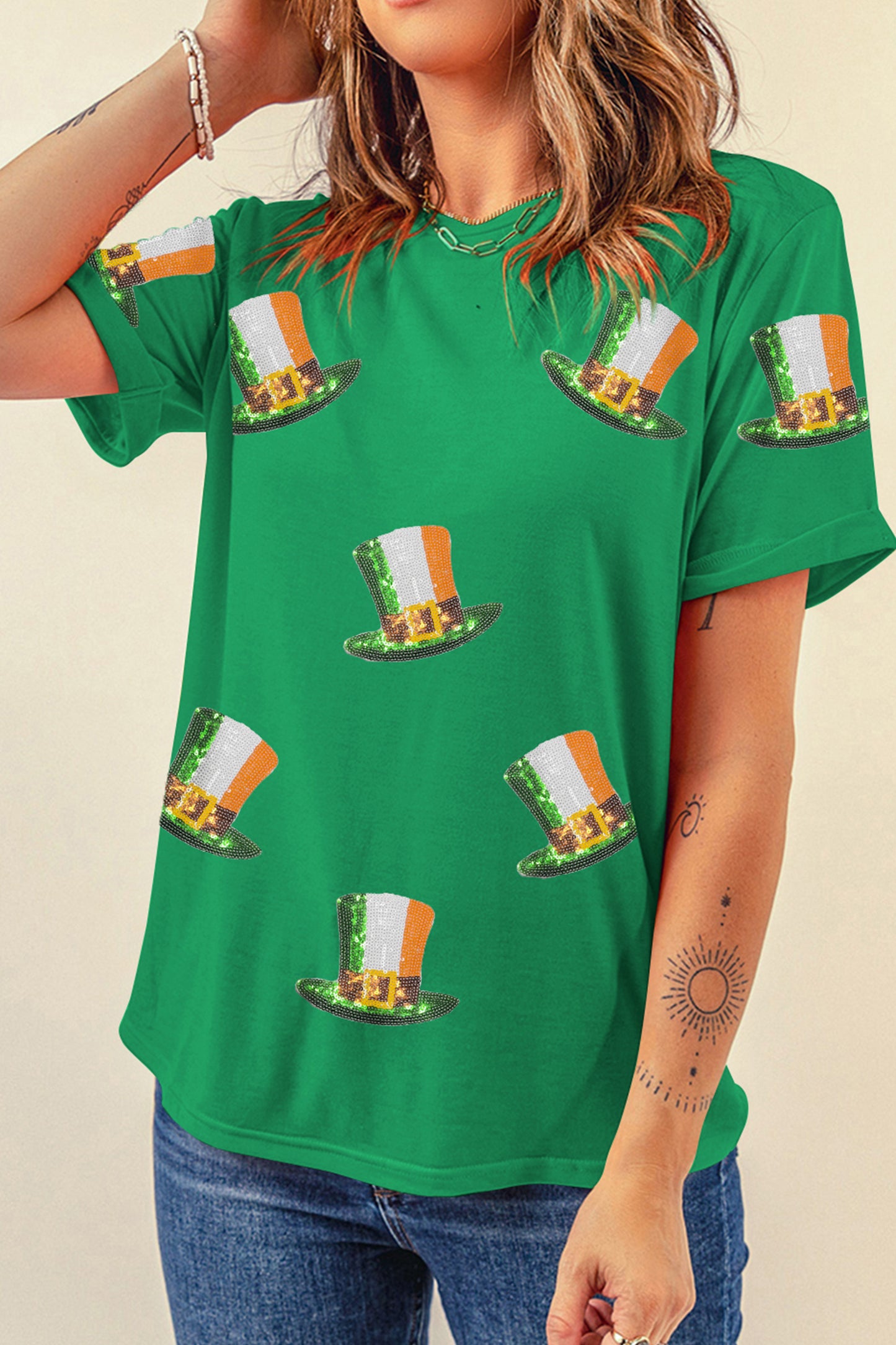 Bright Green Sequin St Patricks Day Hat Relaxed T Shirt-Graphic/Graphic Tees-[Adult]-[Female]-2022 Online Blue Zone Planet