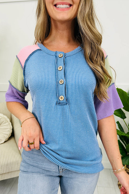 Blue Twisted Ribbed Color Block Patchwork Henley Short Sleeve T Shirt-Tops/Tops & Tees-[Adult]-[Female]-2022 Online Blue Zone Planet