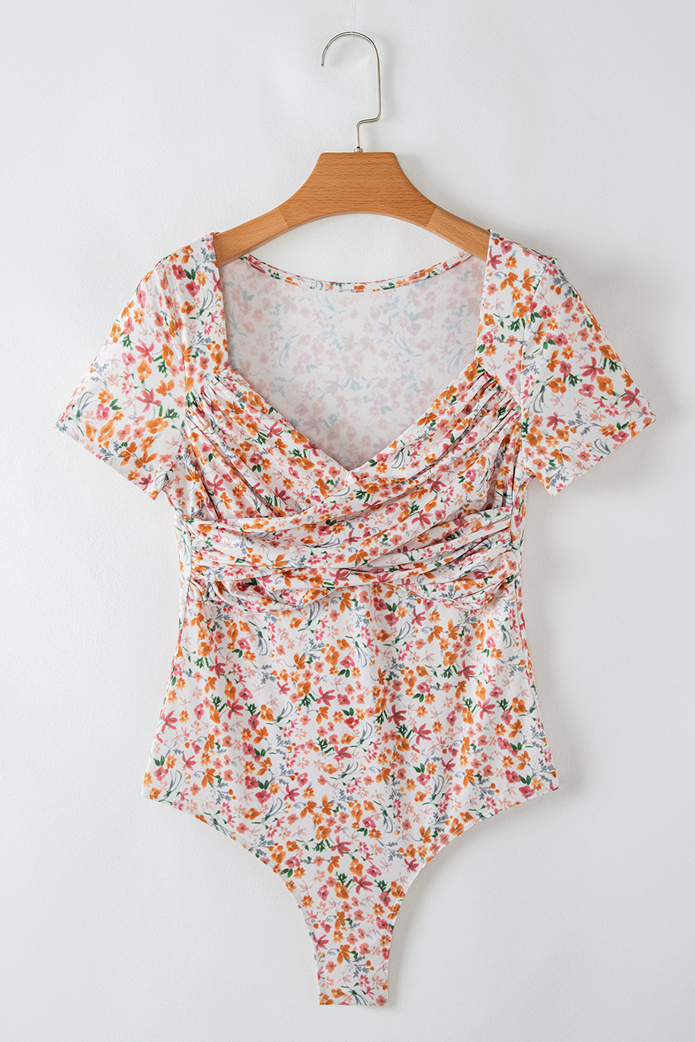 Orange Short Sleeve Floral Ruched Sweetheart Bodysuit-Tops/Bodysuits-[Adult]-[Female]-2022 Online Blue Zone Planet