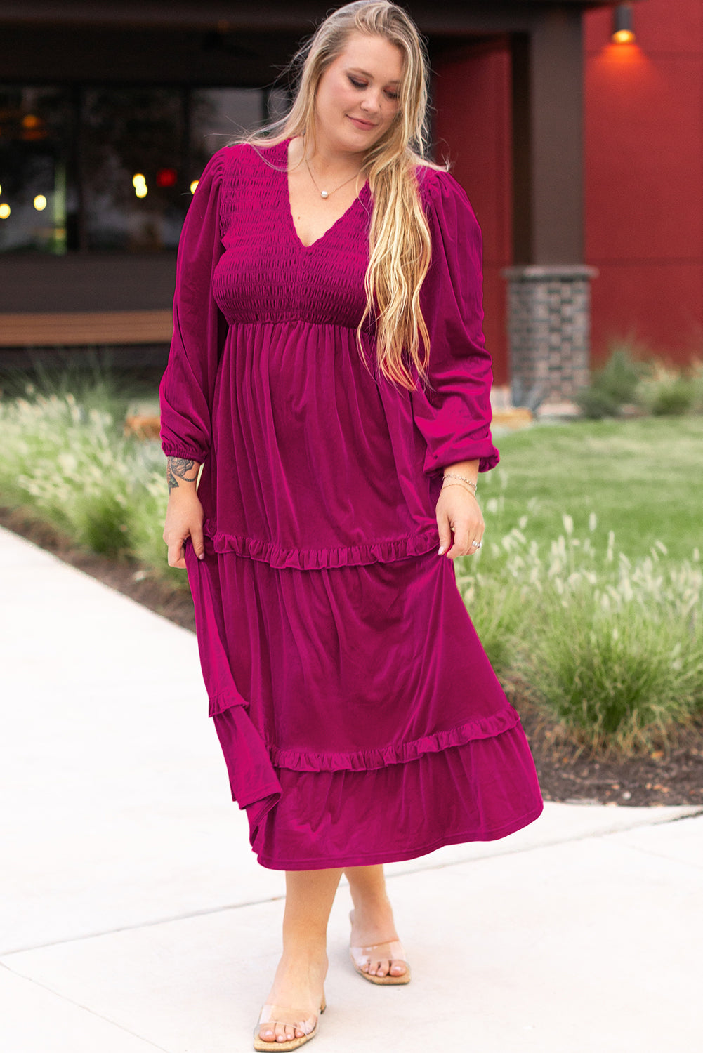 Blue Zone Planet | Rose Red Shirred V Neck Tiered Ruffled Velvet Plus Size Maxi Dress-TOPS / DRESSES-[Adult]-[Female]-2022 Online Blue Zone Planet