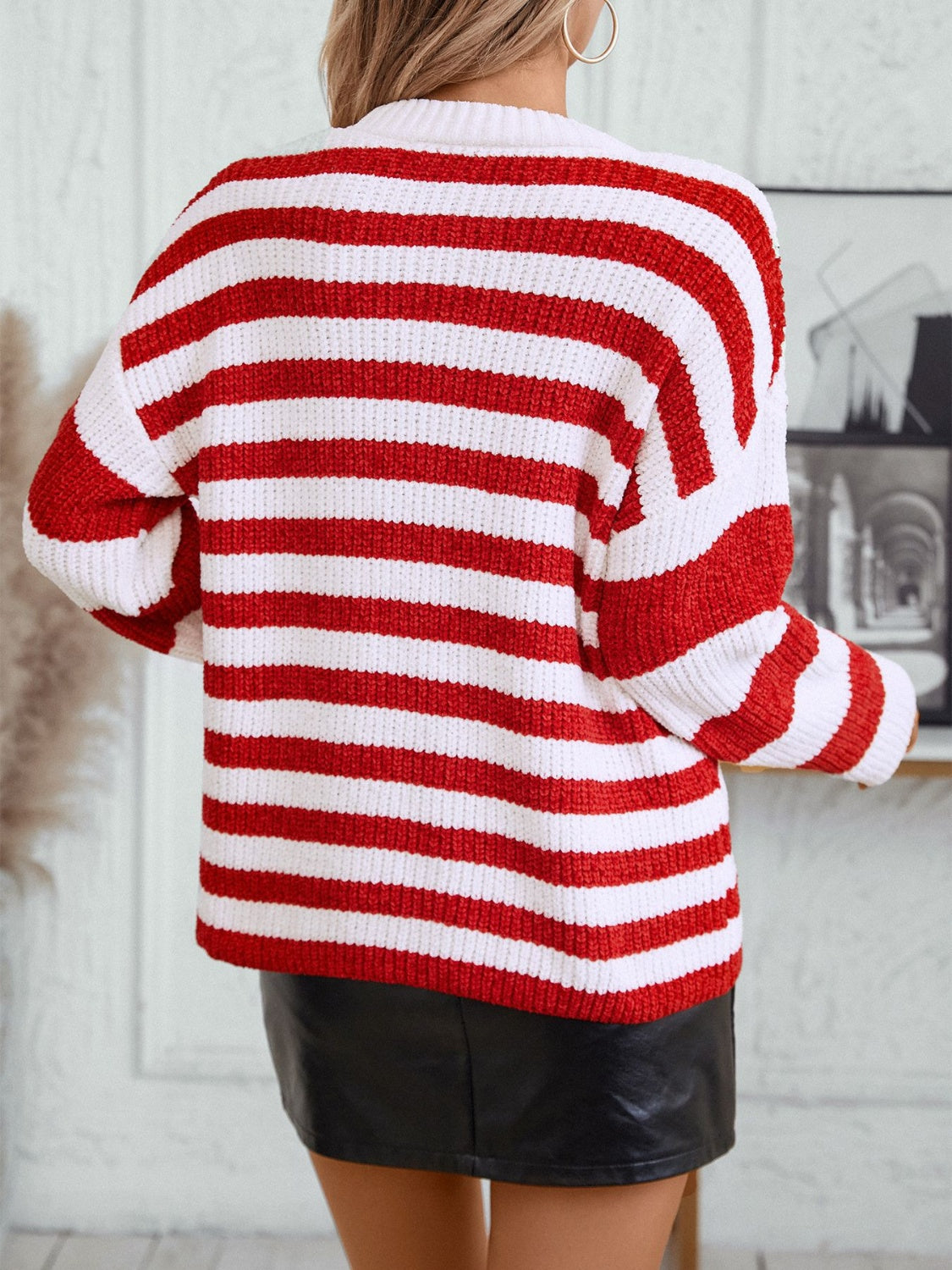 Striped Round Neck Long Sleeve Sweater-TOPS / DRESSES-[Adult]-[Female]-2022 Online Blue Zone Planet