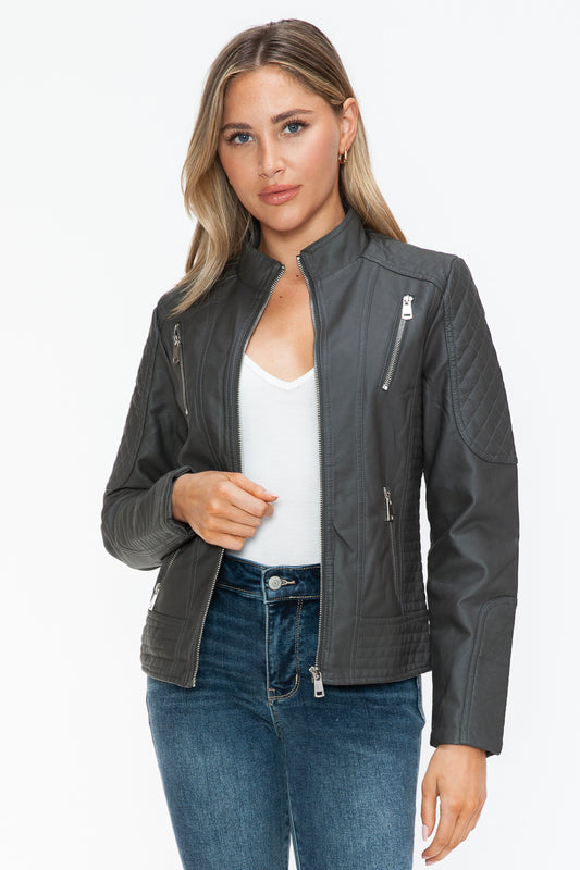 Blue Zone Planet | Snobbish Faux Leather Zip Up Mock Neck Jacket-TOPS / DRESSES-[Adult]-[Female]-Charcoal-S-2022 Online Blue Zone Planet