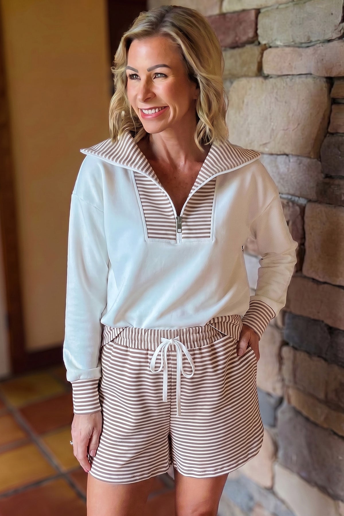 Khaki Stripe Color Block Patchwork Long Sleeve Top Drawstring Shorts Set-Two Piece Sets/Short Sets-[Adult]-[Female]-2022 Online Blue Zone Planet