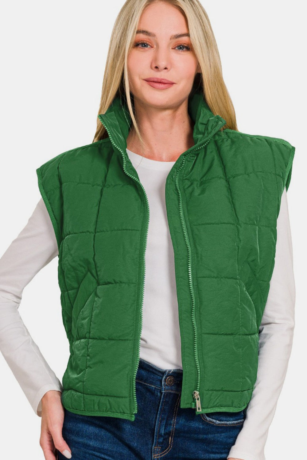 Zenana Zip Up Cropped Puffer Vest with Pockets-TOPS / DRESSES-[Adult]-[Female]-2022 Online Blue Zone Planet