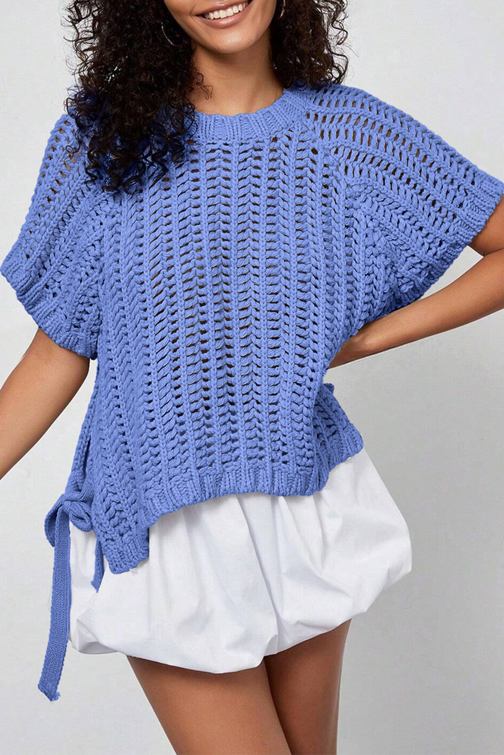 Black Plus Size Open Knit Bow Tie Short Sleeve Sweater-Plus Size/Plus Size Sweaters & Cardigans-[Adult]-[Female]-Ashleigh Blue-L-2022 Online Blue Zone Planet