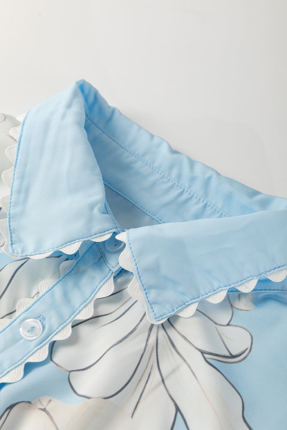 Sky Blue Floral Ric Rac Edge Puff Sleeve Button Up Summer Shirt-Tops/Blouses & Shirts-[Adult]-[Female]-2022 Online Blue Zone Planet