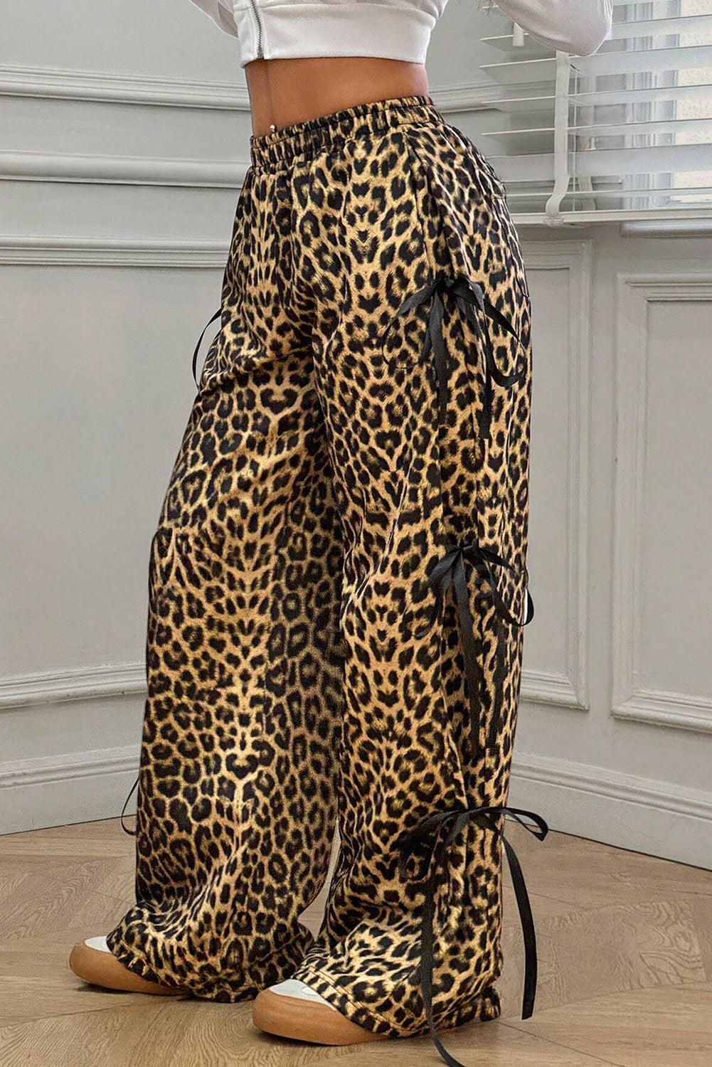 Brown Leopard Print Bow Tie Drawstring Elastic Waist Loose High Waist Pants-Bottoms/Pants & Culotte-[Adult]-[Female]-2022 Online Blue Zone Planet