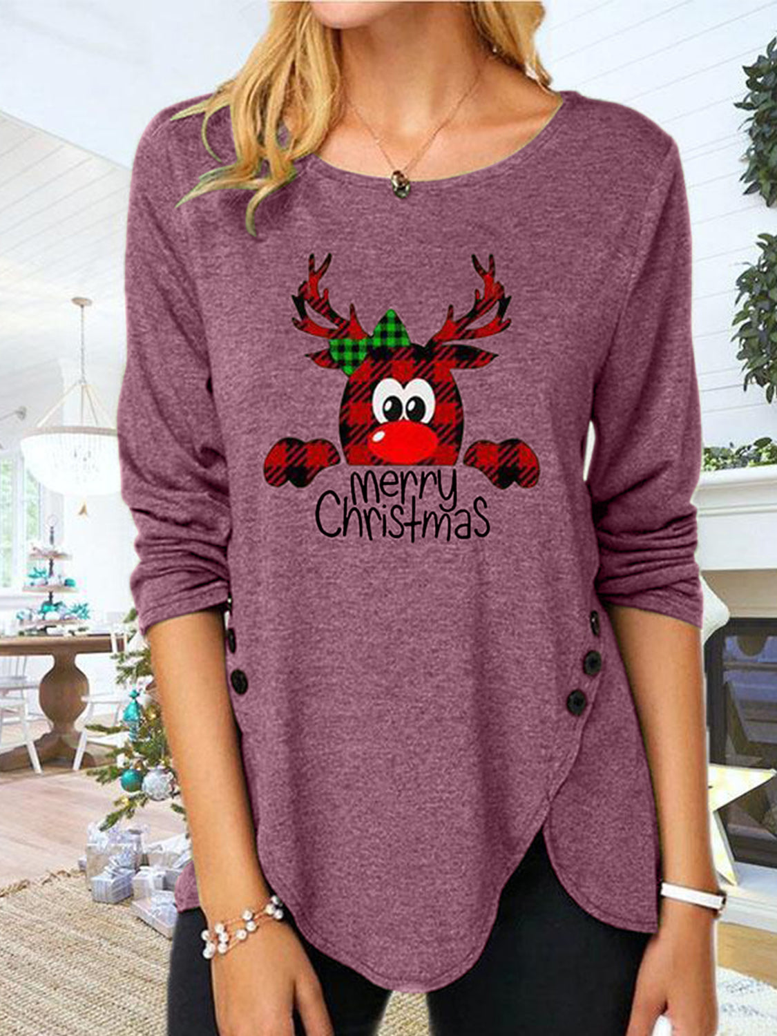 Full Size Reindeer Round Neck Long Sleeve T-Shirt-TOPS / DRESSES-[Adult]-[Female]-Dusty Pink-S-2022 Online Blue Zone Planet