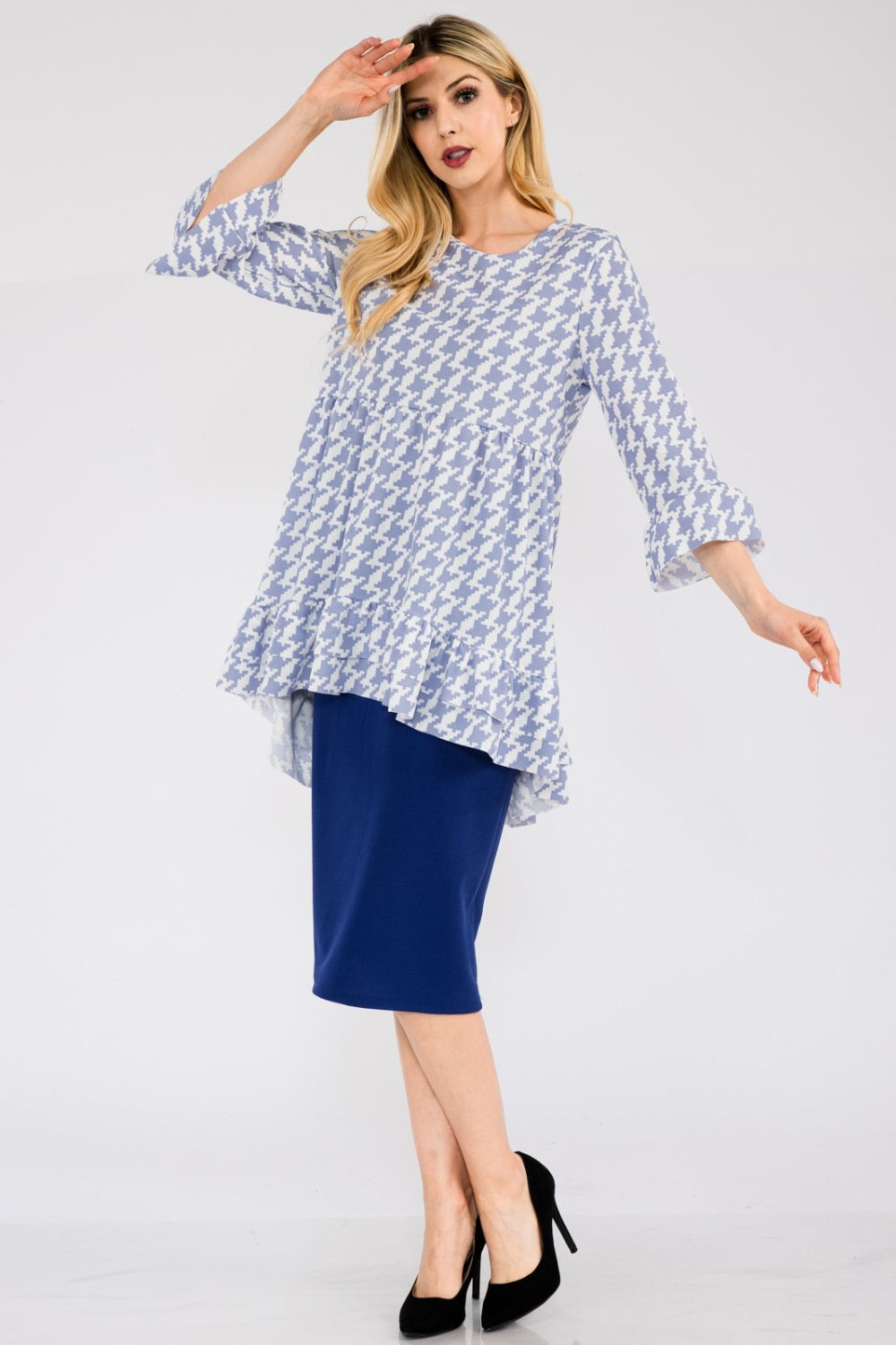 Celeste Full Size Houndstooth Flounce Sleeve High-Low Top-TOPS / DRESSES-[Adult]-[Female]-2022 Online Blue Zone Planet