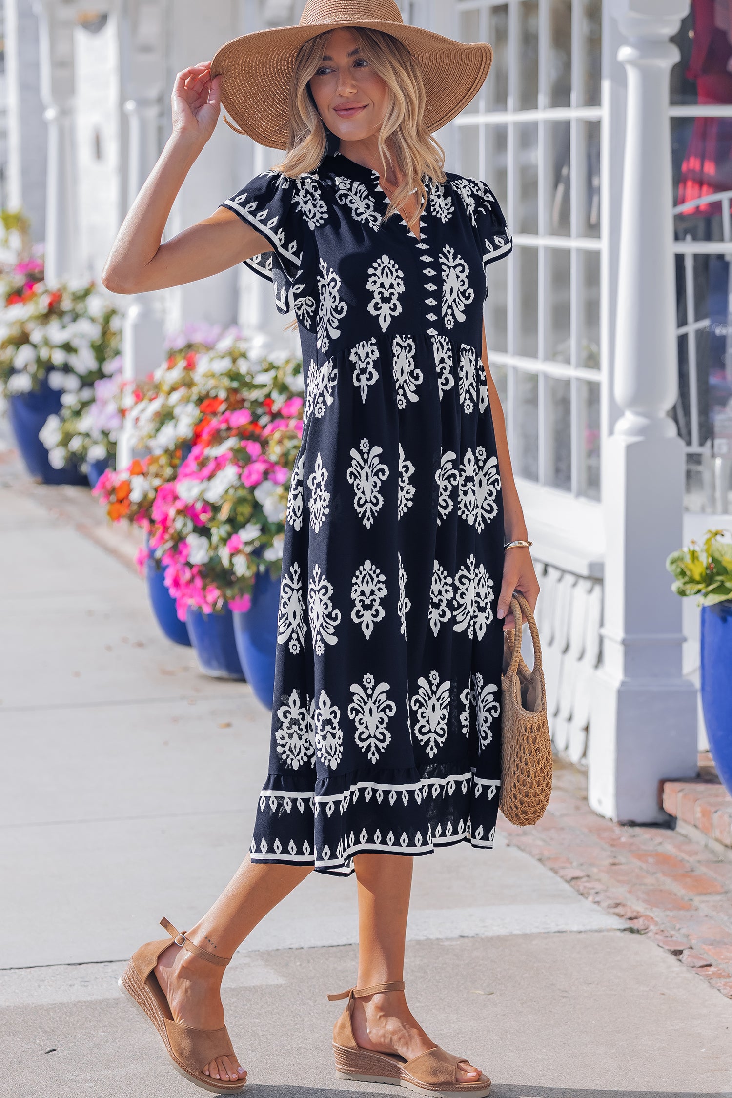 Blue Western Ethnic Print Notched Neck Short Sleeve Midi Dress-TOPS / DRESSES-[Adult]-[Female]-2022 Online Blue Zone Planet