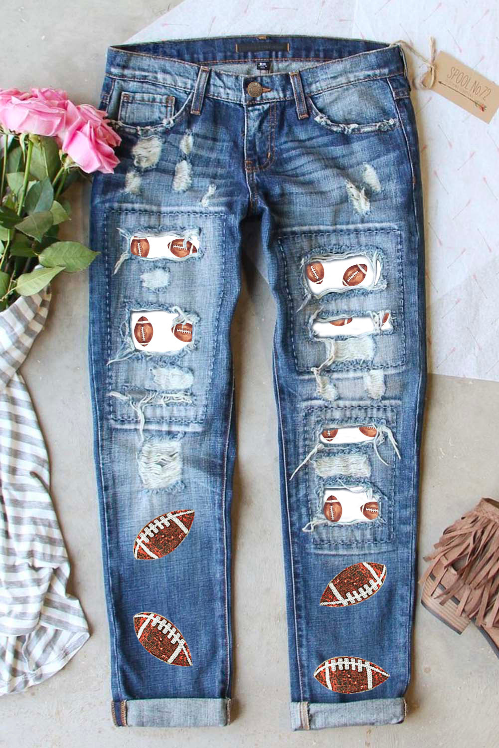 Blue Zone Planet | Sky Blue Sequin Rugby Football Patchwork Distressed Straight Leg Jeans-Graphic/Graphic Pants-[Adult]-[Female]-Sky Blue-4-2022 Online Blue Zone Planet