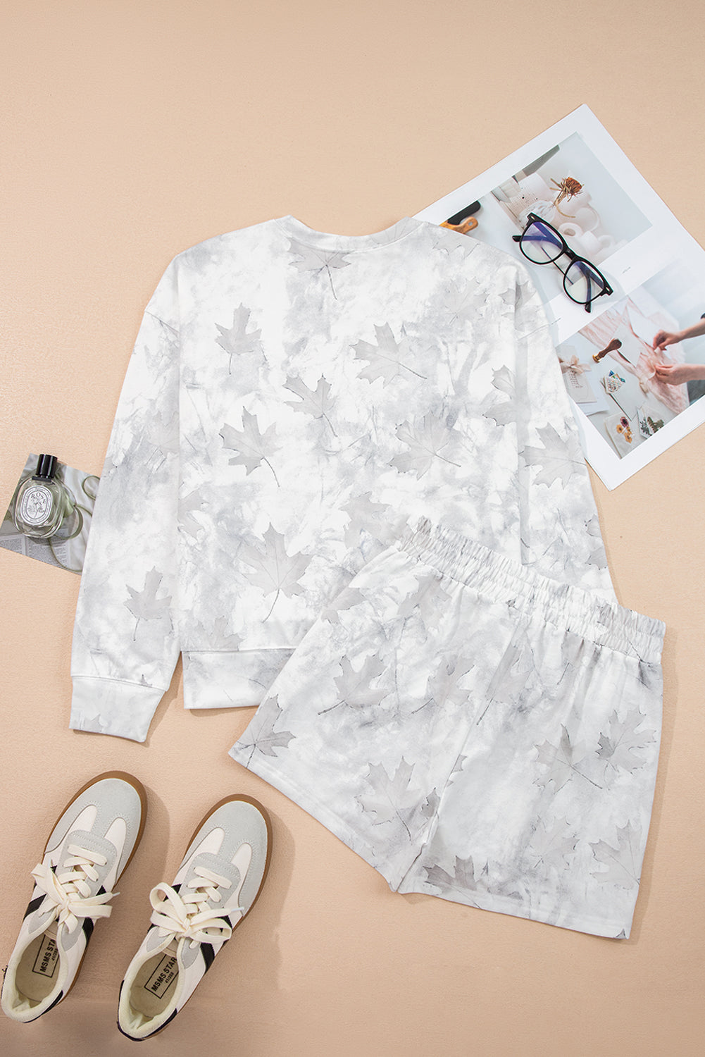 Beige Camo Print Pullover Top And Elastic Waist Casual Short Set-Two Piece Sets/Short Sets-[Adult]-[Female]-2022 Online Blue Zone Planet