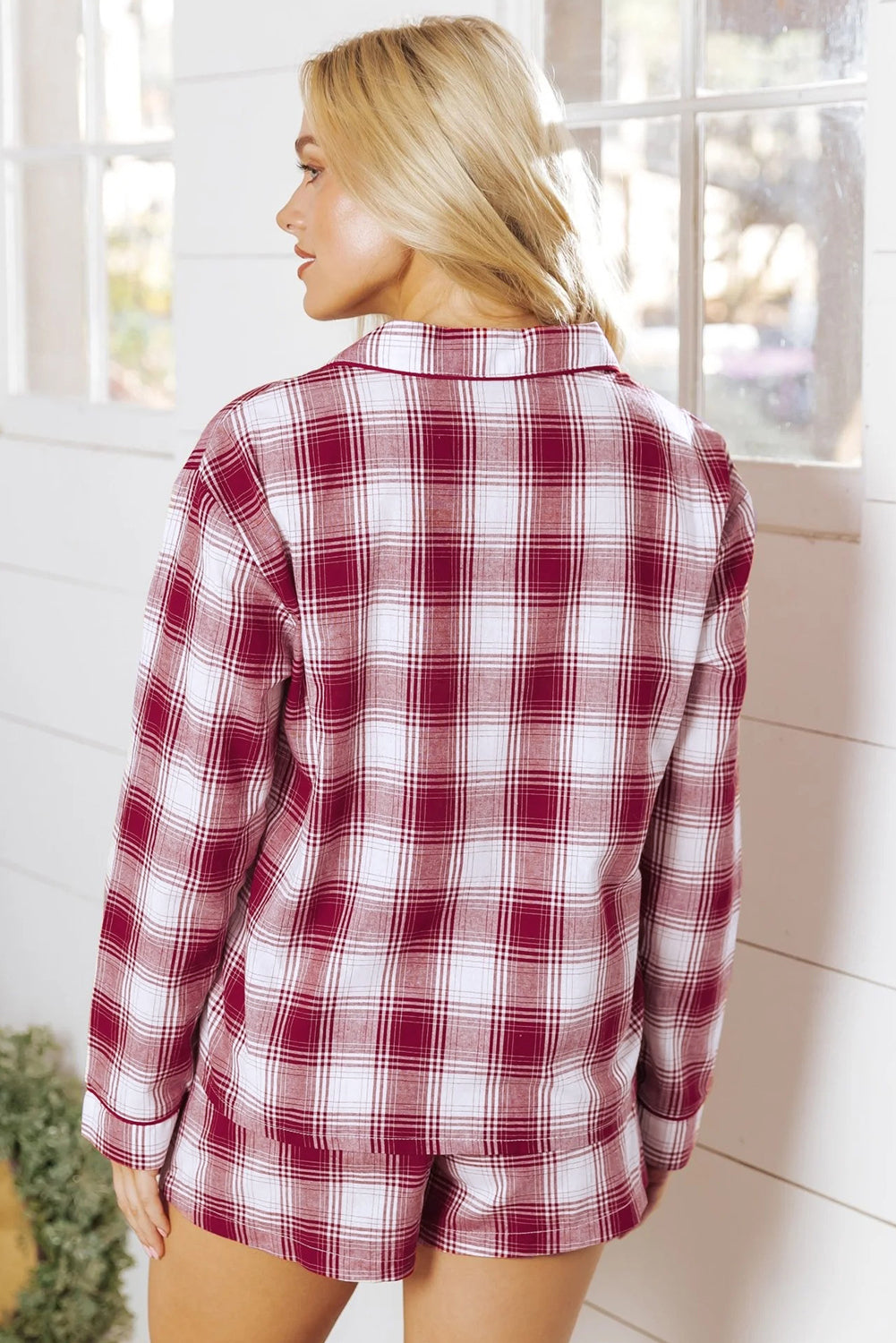 Red Retro Plaid Long Sleeve Shirt Drawstring Shorts 2pcs Lounge Set-Loungewear & Sleepwear/Sleepwear-[Adult]-[Female]-2022 Online Blue Zone Planet