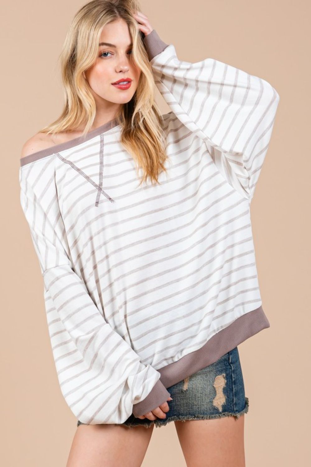 Ces Femme Striped Round Neck Drop Shoulder Sweatshirt-TOPS / DRESSES-[Adult]-[Female]-2022 Online Blue Zone Planet