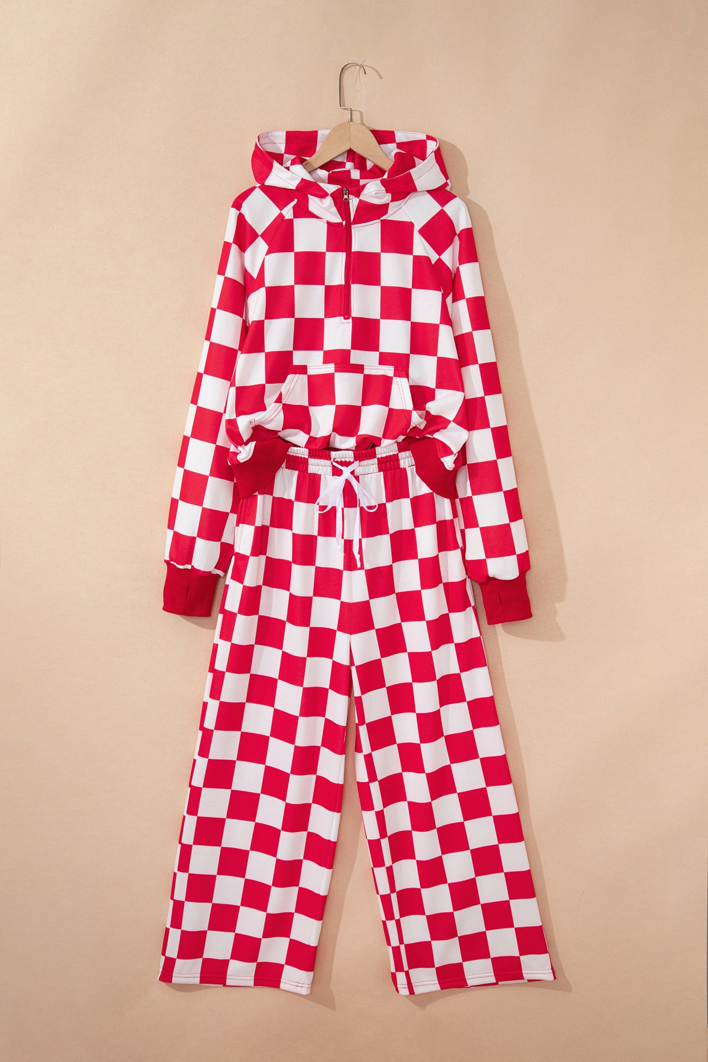 Red Checkered Print Half Zip Hoodie Loose Pant Set-Tops / Dresses-[Adult]-[Female]-2022 Online Blue Zone Planet