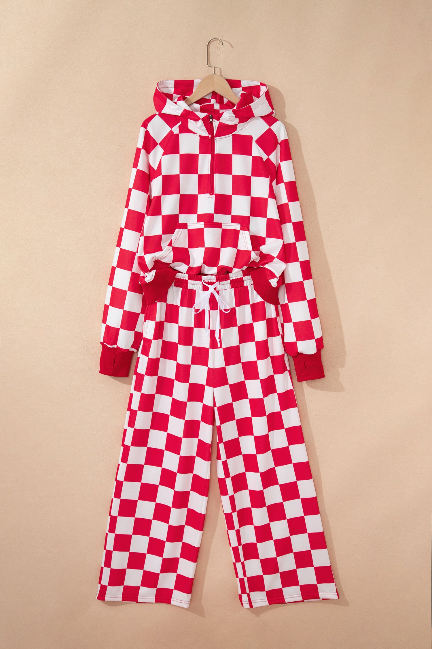 Red Checkered Print Half Zip Hoodie Loose Pant Set-Tops / Dresses-[Adult]-[Female]-2022 Online Blue Zone Planet