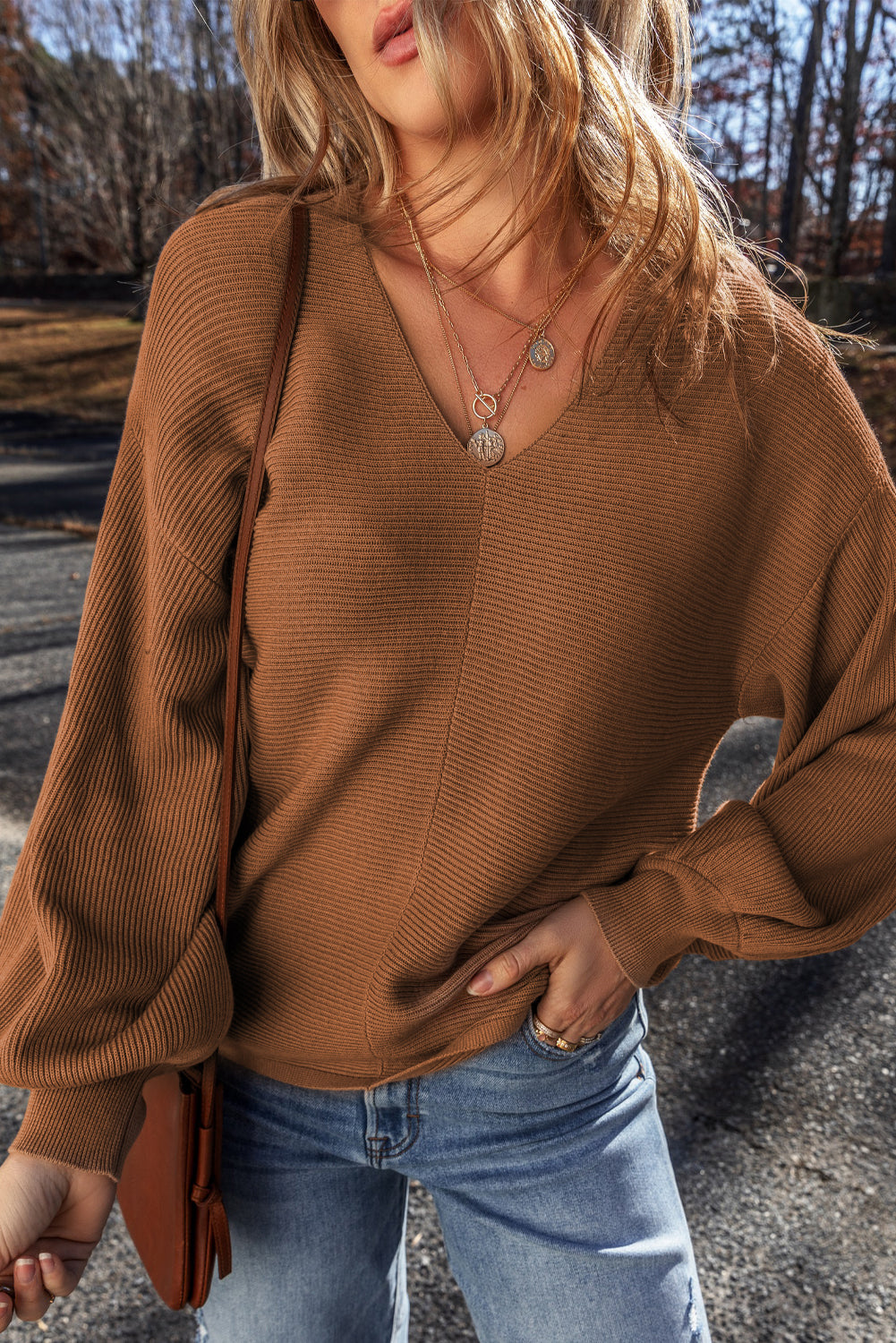 Camel Ribbed Knit Drop Sleeve V Neck Loose Fit Sweater-Sweaters & Cardigans/Sweaters-[Adult]-[Female]-Camel-S-2022 Online Blue Zone Planet