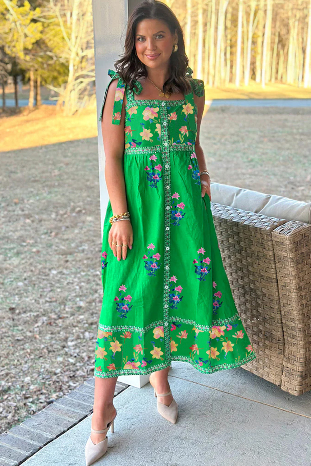 Green Floral Print Contrast Trim Knotted Straps Midi Dress-Midi Dresses-[Adult]-[Female]-2022 Online Blue Zone Planet