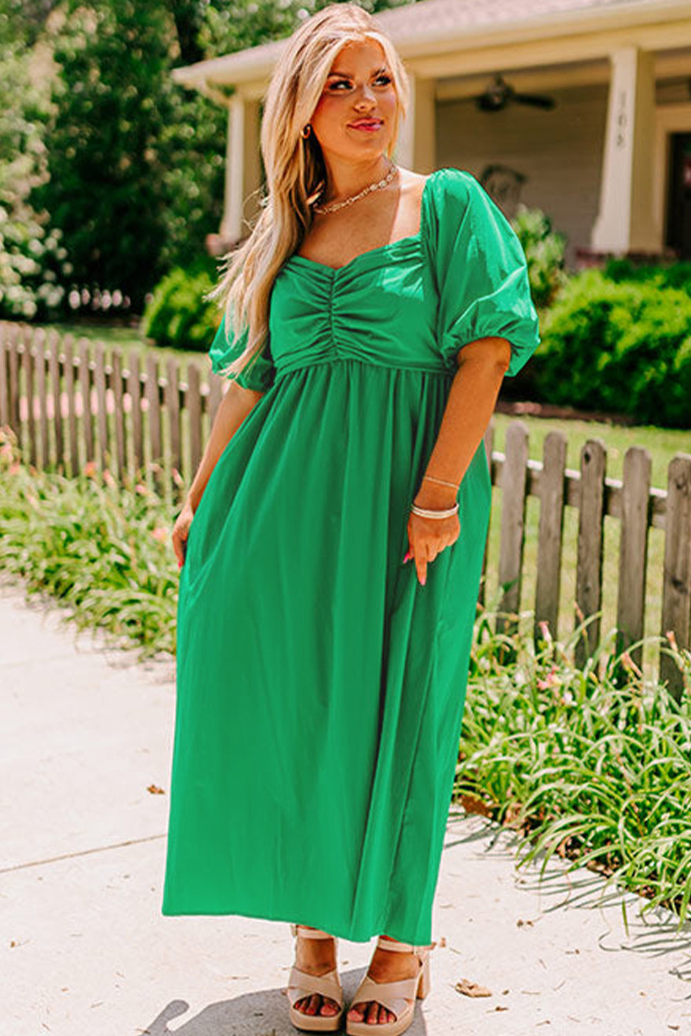 Linda's Bright Green Ruched Front Puff Sleeve Plus Size Midi Dress-TOPS / DRESSES-[Adult]-[Female]-2022 Online Blue Zone Planet
