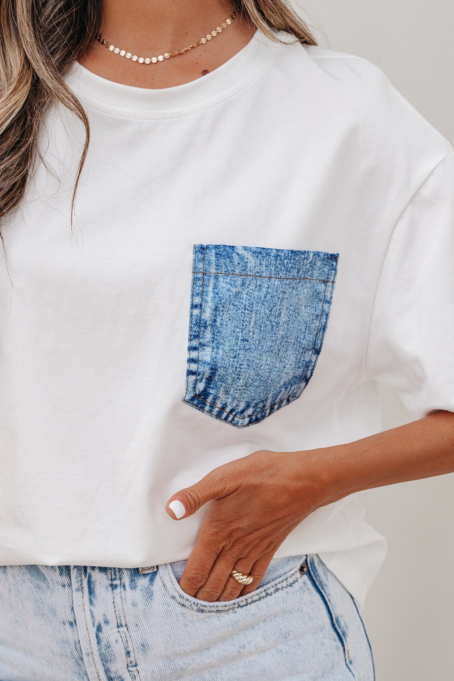 Sail Blue Color Block Chest Pocket Patched Casual Short Sleeve Top-Tops/Tops & Tees-[Adult]-[Female]-2022 Online Blue Zone Planet