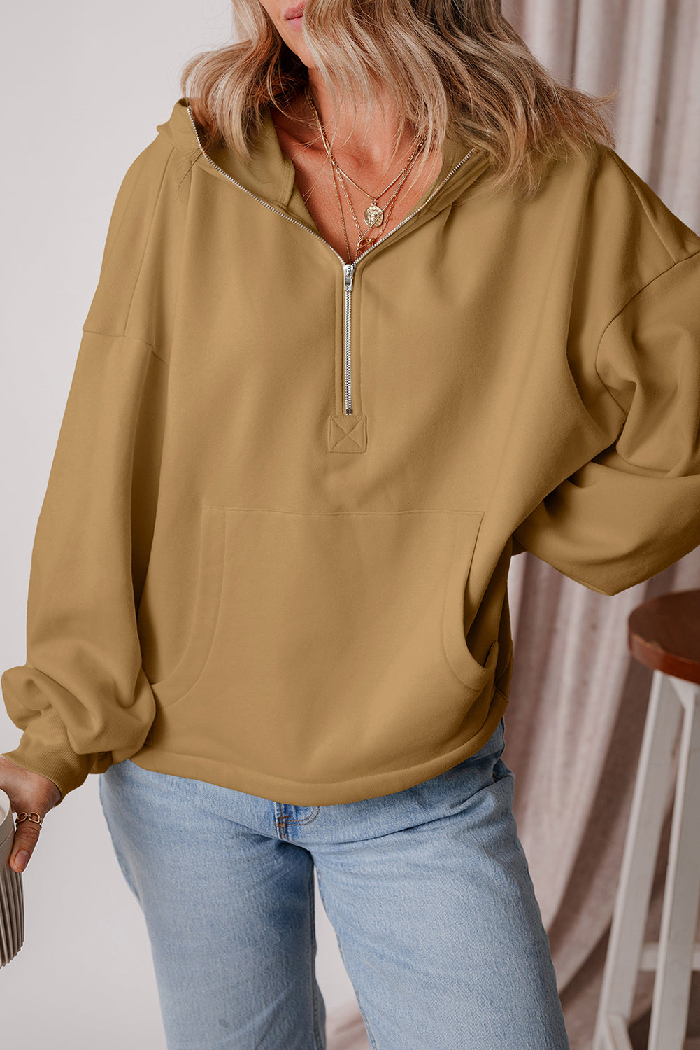 Brown Fleece Lined Half Zipper Kangaroo Pockets Loose Hoodie-Tops/Sweatshirts & Hoodies-[Adult]-[Female]-2022 Online Blue Zone Planet