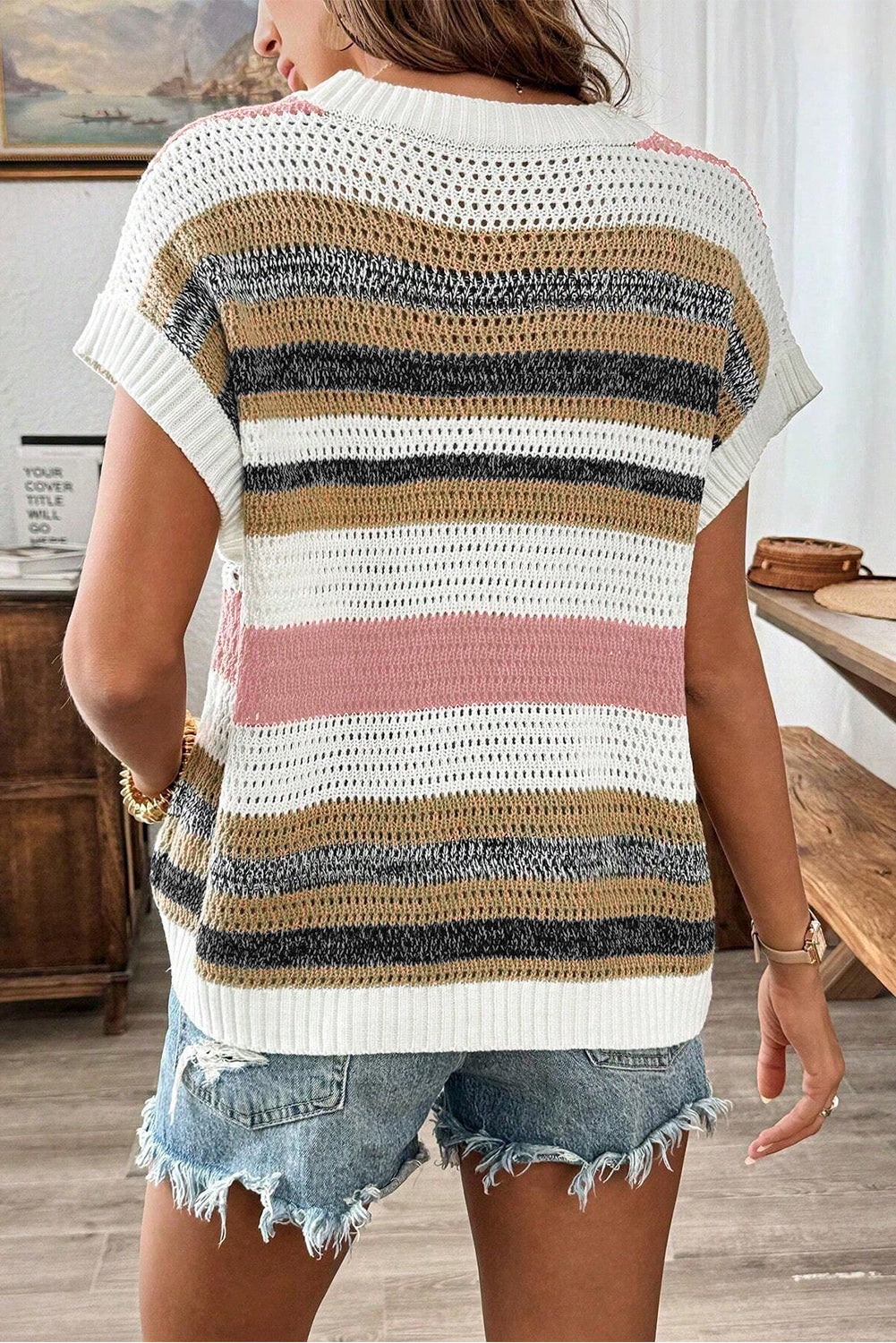 Blue Zone Planet | Pink Stripe Colorblock Eyelet Knit Short Sleeve Sweater Tee-Short Sleeve Sweater-[Adult]-[Female]-2022 Online Blue Zone Planet