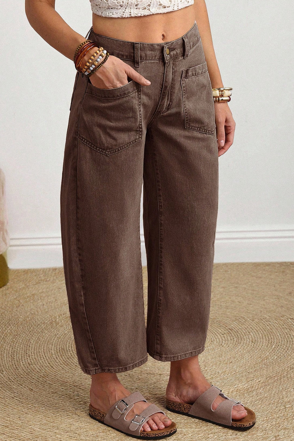 Coffee Solid Color Square Patch Pocket Ankle-length Barrel Jeans-Bottoms/Jeans-[Adult]-[Female]-2022 Online Blue Zone Planet