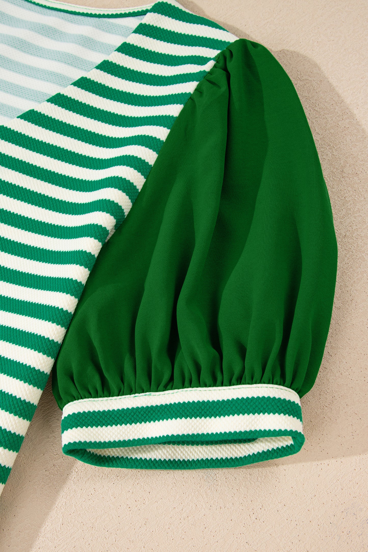 Green Stripe Puff Short Sleeve Patchwork V Neck Blouse-Tops/Blouses & Shirts-[Adult]-[Female]-2022 Online Blue Zone Planet