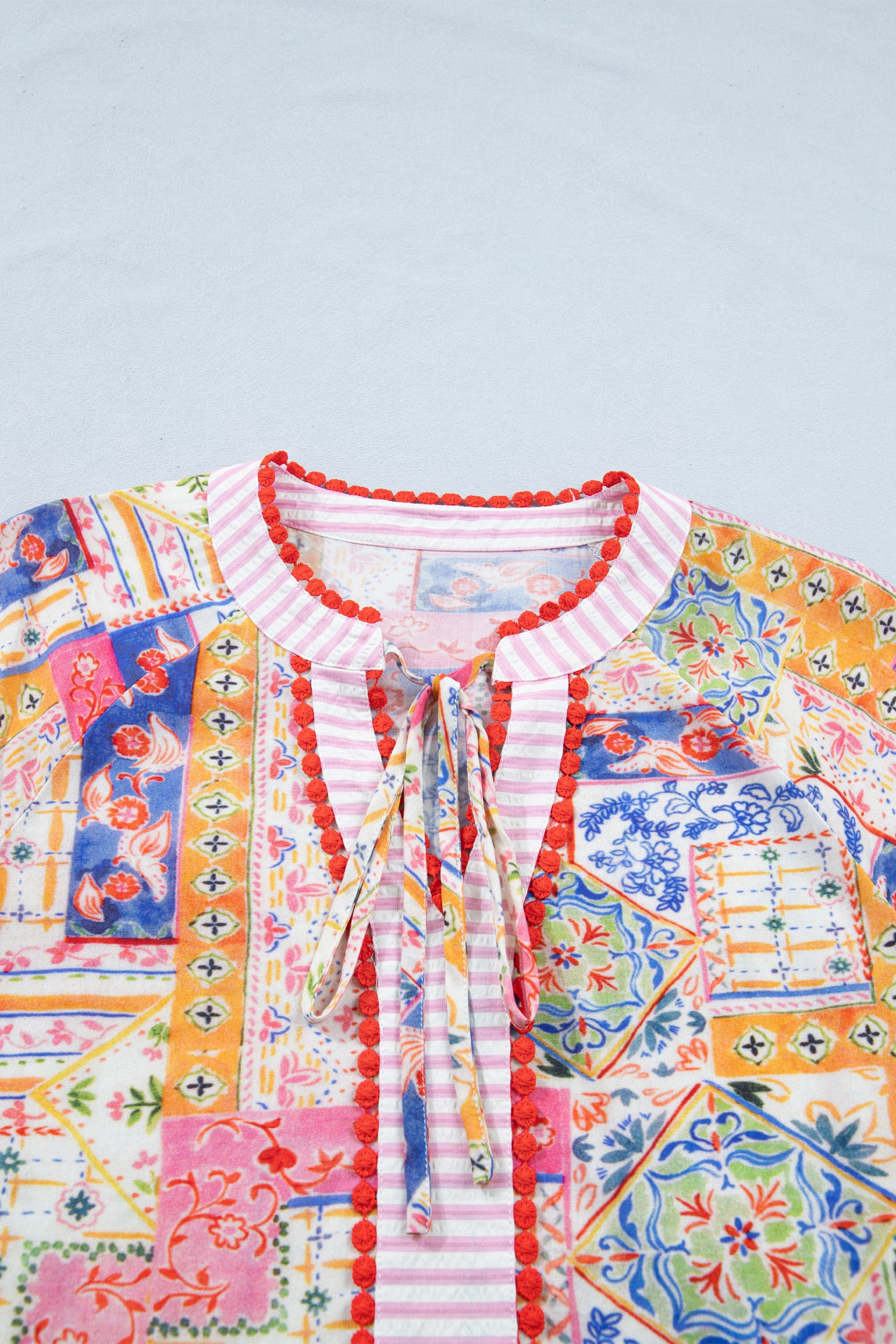 Red Mixed Print V Neck Short Sleeve Blouse-Tops/Blouses & Shirts-[Adult]-[Female]-2022 Online Blue Zone Planet