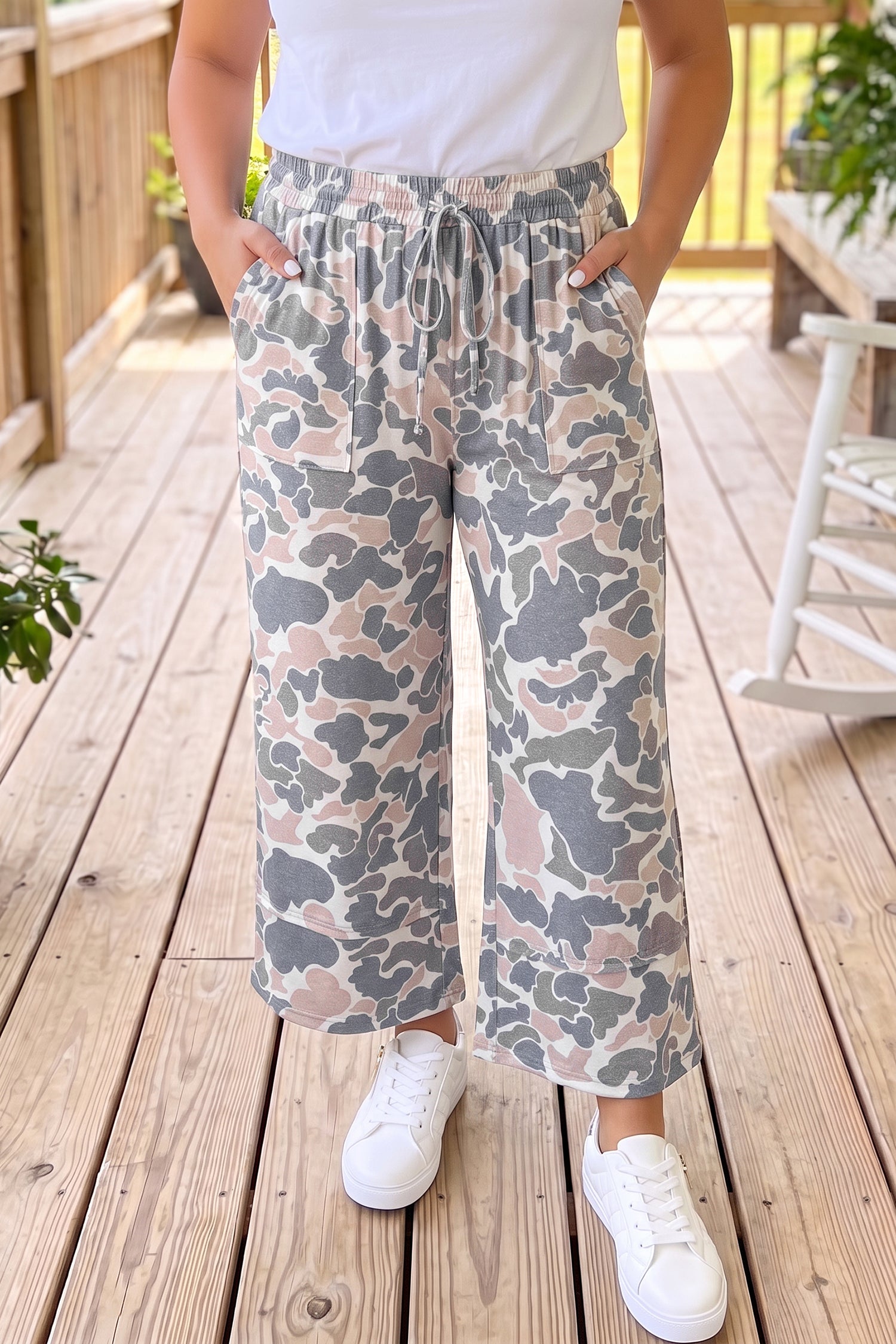 Khaki Camouflage Print Patch Pockets Ankle-Length Plus Size Pants-Plus Size/Plus Size Bottoms-[Adult]-[Female]-2022 Online Blue Zone Planet