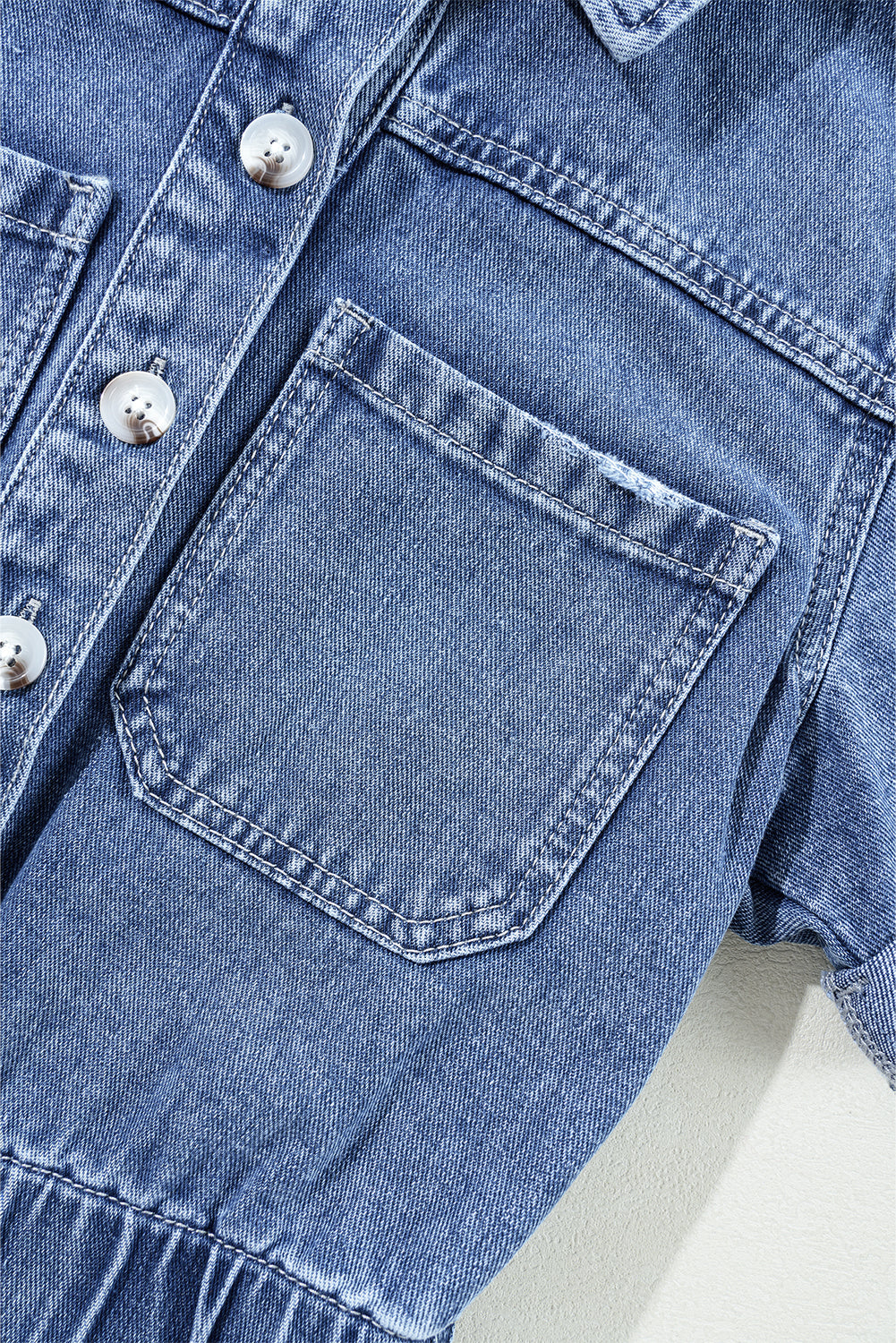 Blue Zone Planet | Dusk Blue Chest Pocket Front Buttoned Folded Edge Denim Short Sleeve Romper-Bottoms/Jumpsuits & Rompers-[Adult]-[Female]-2022 Online Blue Zone Planet