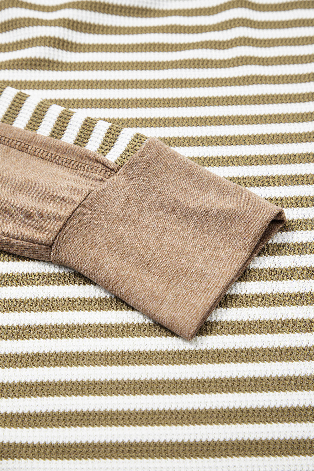 Khaki Stripe Thermal Knit Drop Shoulder Casual Top-Tops/Long Sleeve Tops-[Adult]-[Female]-2022 Online Blue Zone Planet