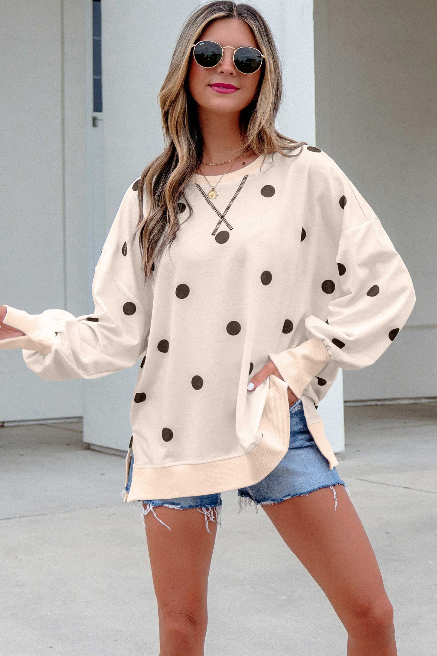 Beige Loose-Fit Long Sleeve Round Neck Polka Dot Tunic Sweatshirt-Tops/Long Sleeve Tops-[Adult]-[Female]-2022 Online Blue Zone Planet