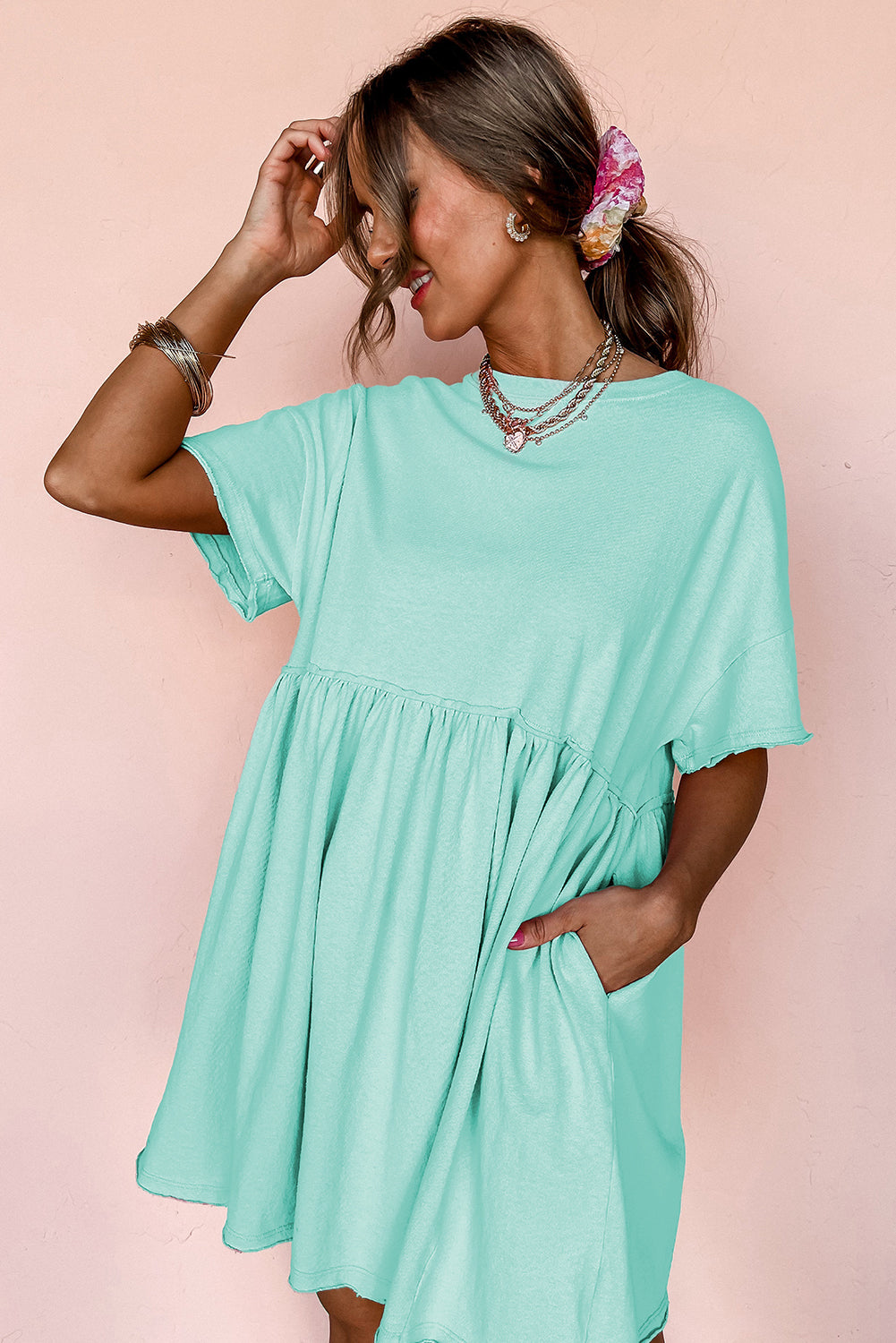 Moonlight Jade Solid Color Pocketed Raw Edge Babydoll Dress-Dresses/Mini Dresses-[Adult]-[Female]-2022 Online Blue Zone Planet