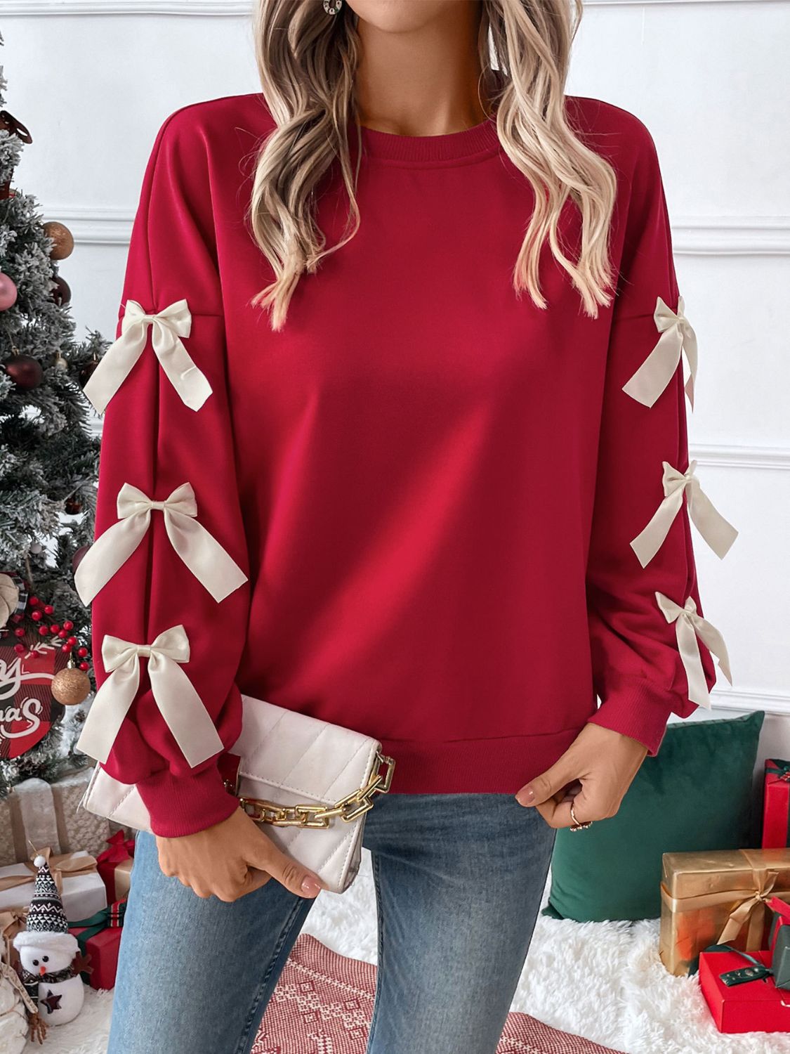 Perfee Bow Round Neck Long Sleeve Sweatshirt-TOPS / DRESSES-[Adult]-[Female]-Deep Red-S-2022 Online Blue Zone Planet