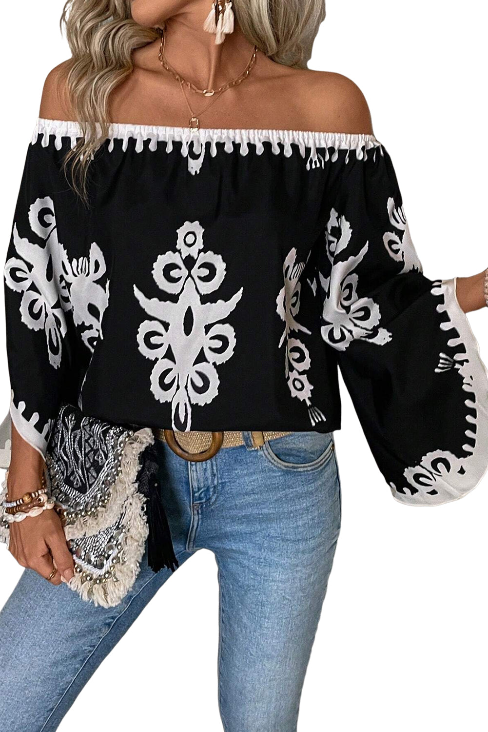 Blue Zone Planet | Black Tribal Printed Off Shoulder Loose Sleeve Blouse-Tops/Blouses & Shirts-[Adult]-[Female]-2022 Online Blue Zone Planet