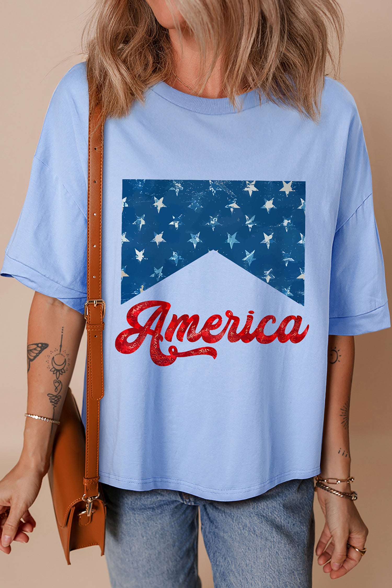 Myosotis America Fashion Print Relaxed T Shirt-Graphic/Graphic Tees-[Adult]-[Female]-2022 Online Blue Zone Planet