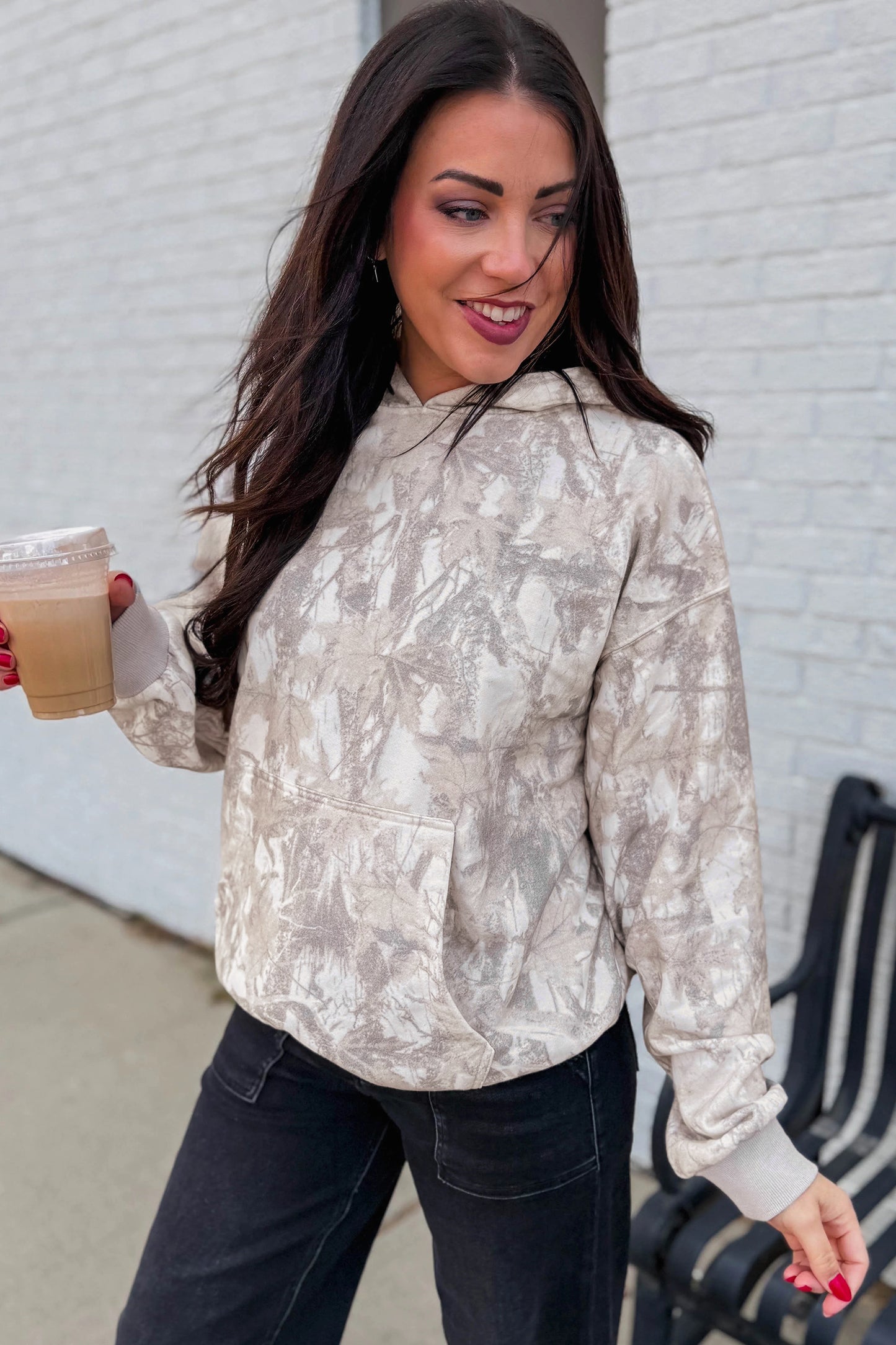Gray Abstract Print Ribbed Cuffs Hem Long Sleeve Hoodie