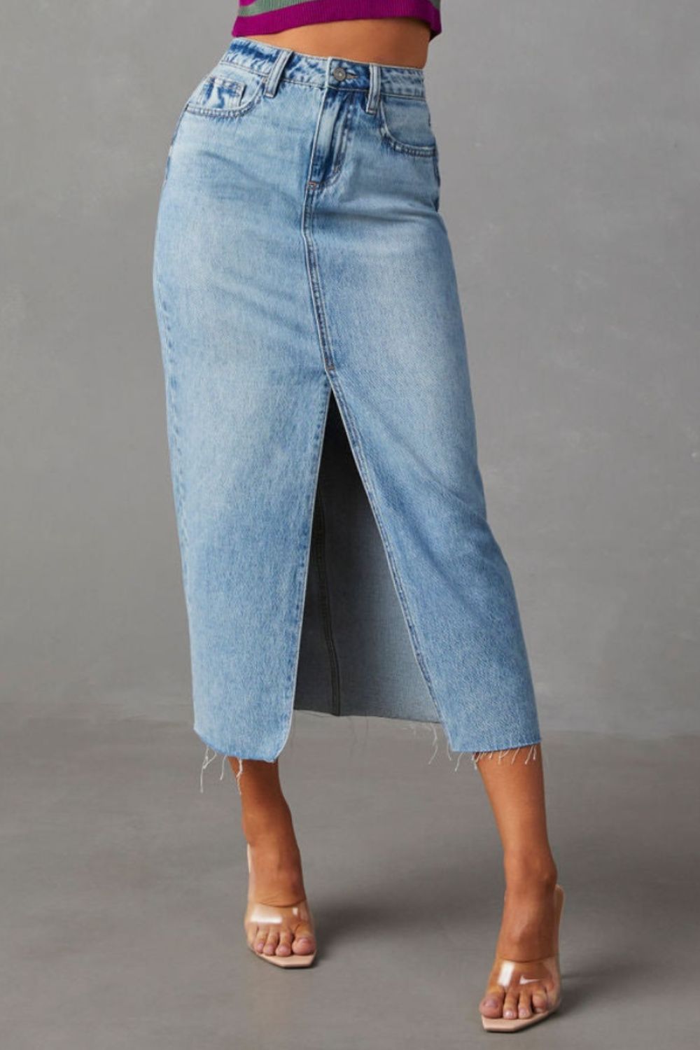 Slit Raw Hem Midi Denim Skirt-BOTTOMS SIZES SMALL MEDIUM LARGE-[Adult]-[Female]-Light Blue-S-2022 Online Blue Zone Planet