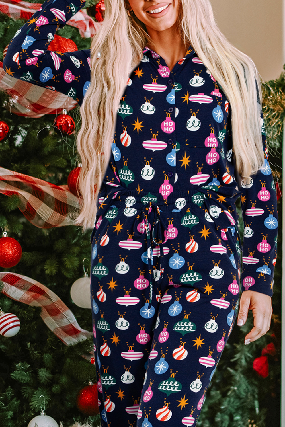 Blue Zone Planet | Navy Blue Colorful Christmas Lights Print Shirt and Pants Pajama Set-TOPS / DRESSES-[Adult]-[Female]-2022 Online Blue Zone Planet