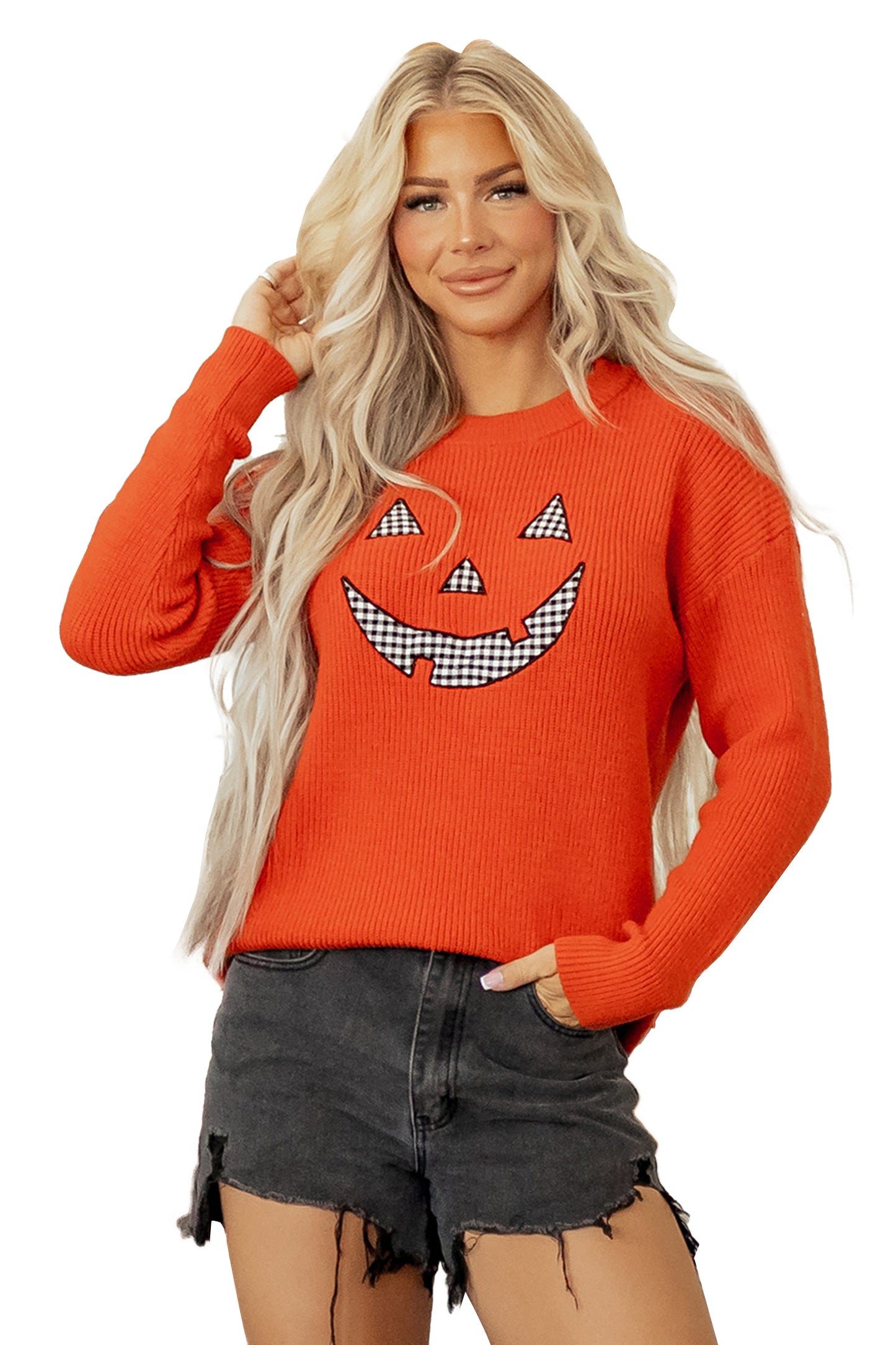 Orange Drop Shoulder Long Sleeve Round Neck Halloween Sweater-Sweaters & Cardigans/Sweaters-[Adult]-[Female]-2022 Online Blue Zone Planet
