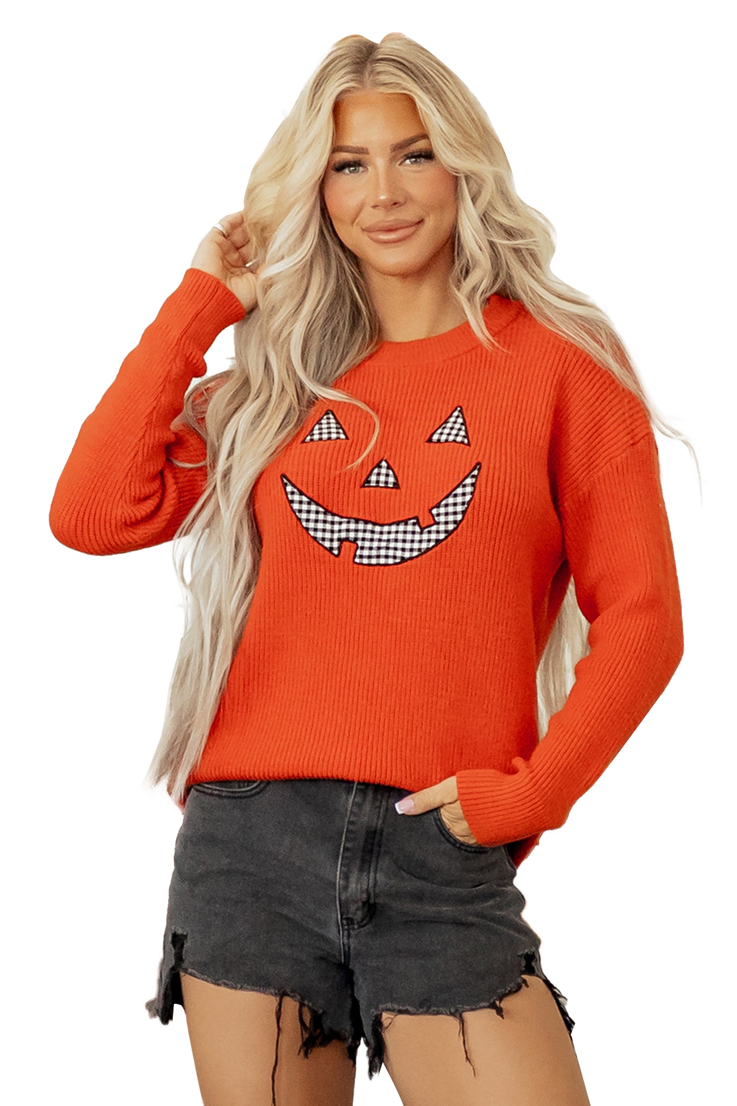Orange Drop Shoulder Long Sleeve Round Neck Halloween Sweater-Sweaters & Cardigans/Sweaters-[Adult]-[Female]-2022 Online Blue Zone Planet